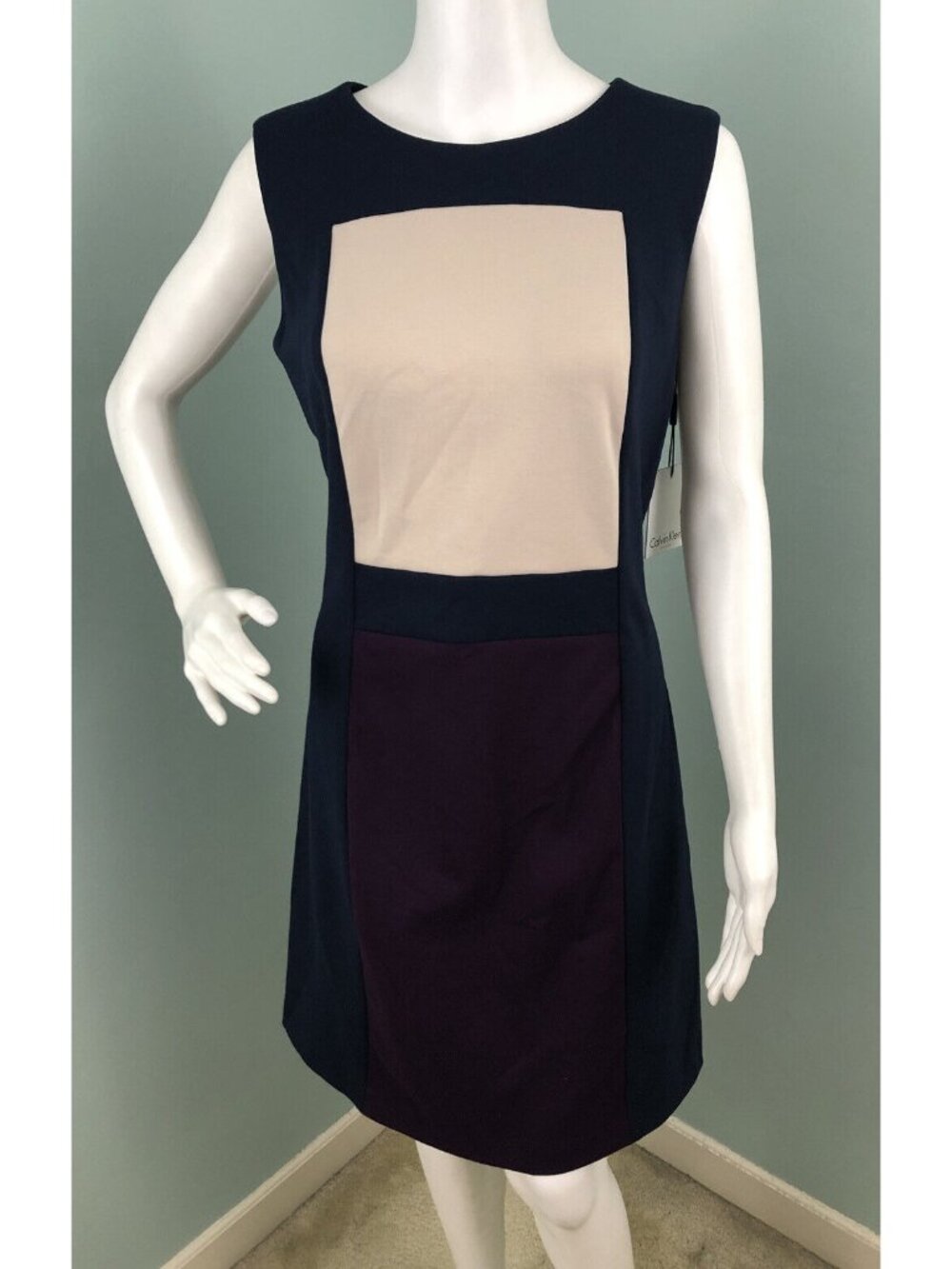 NWT Womens Calvin Klein Sleeveless Navy/Plum/Beige ColorBlock Sheath Dress Sz 12
